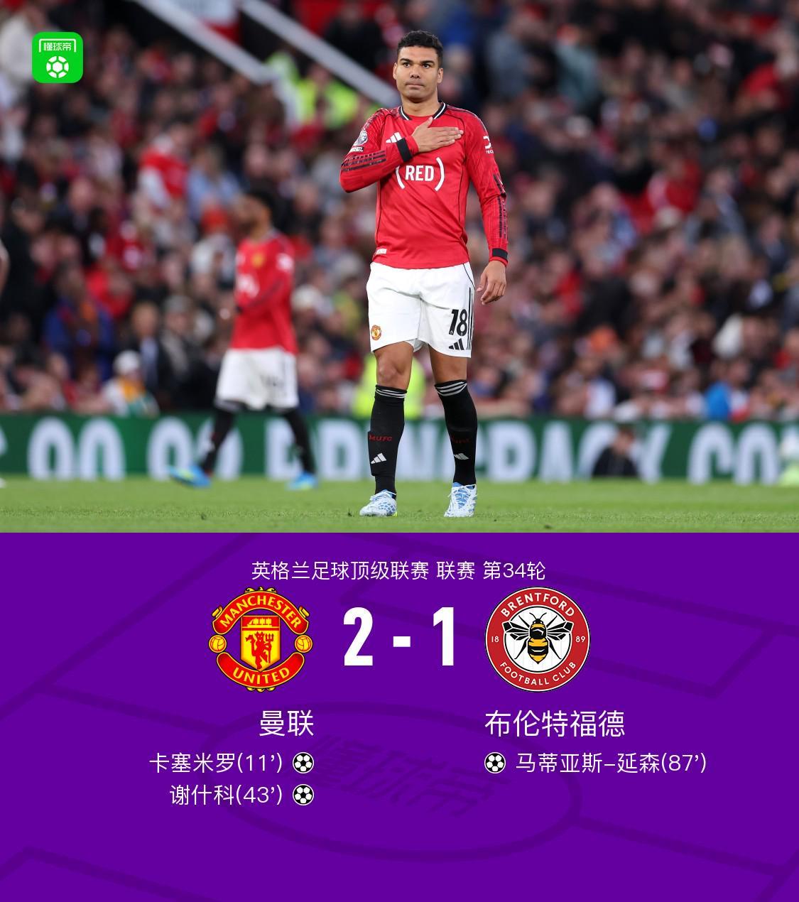 开云APP-剑南春丨曼联2-1布伦特福德，卡塞米罗、谢什科破门，B费助攻